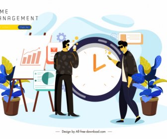 Time Management Poster Men Clock Business Elements Sketch