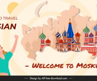 Time To Travel Moskva Russian Banner Place Architecture Lady Map Sketch