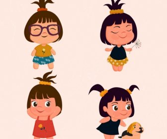 Małe Dziewczynki Ikon Kolekcji Słodki Kolorowe Kreskówka Projektu