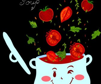Tomato Soup Advertising Stylized Pot Falling Ingredients Icons