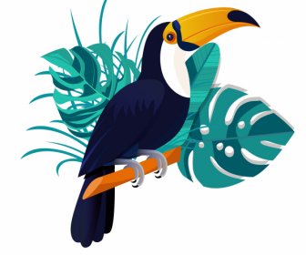 Ikon Toucan Bertengger Dekorasi Daun Sketsa