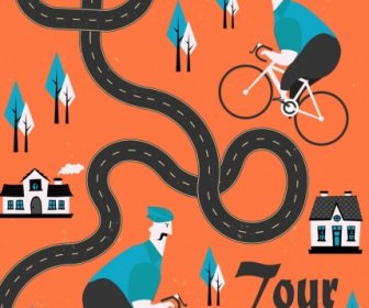 Tour De France Bannière Courbé Route Personnages De Dessins Animés