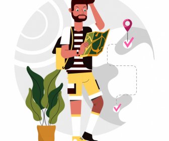 Tourist Painting Backpacker Positioning Map Sketch Cartoon Design