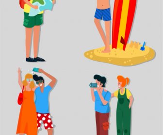 ícones Turistas Engraçado Desenho Animado Esboço