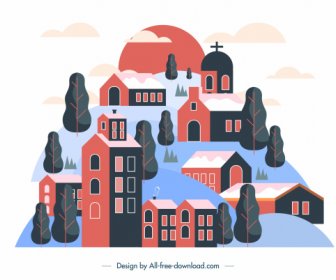 鎮背景房子山素描彩色經典設計