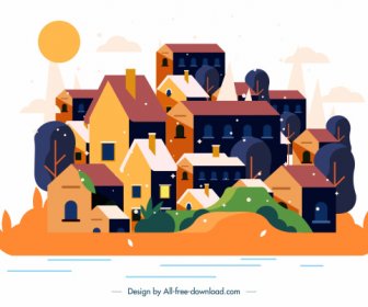 마을 그림 다채로운 고전 디자인 주택 스케치
