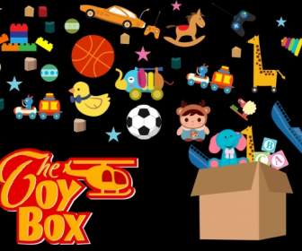 様々 なカラフルなシンボルの装飾を広告のおもちゃ箱
