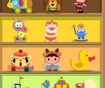 Toy Icons Display Various Colored Symbols Shelf Decor