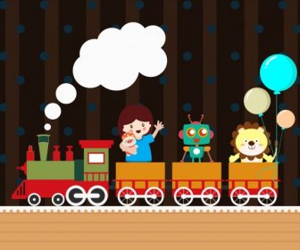 Toys Background Train Girl Robot Lion Balloons Icons