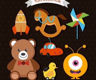 Toys Icons Collection Various Colored Flat Symbols Isolation
