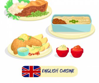 อาหารอังกฤษแบบดั้งเดิมองค์ประกอบการออกแบบที่มีสีสันสดใสตกแต่งคลาสสิก