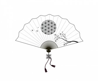 Традиционная японская веерная икона черный белый контур солнца цветущей сакуры