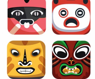 Traditional Masks Icons Colorful Emotional Sketch