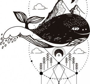 Traditional Tattoo Design Elements Whale Mountain Moon Icons