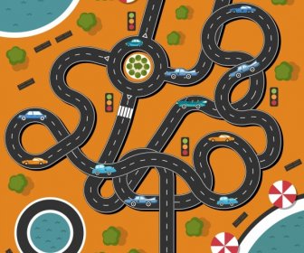 Traffic Background Curved Road Cars Icons Flat Design