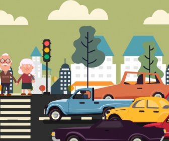 Verkehrshintergrund Fußgänger Auto Symbole Cartoon Skizze