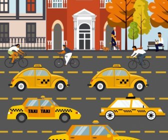 Traffic Background Taxi Cars Cyclists Pedestrian Icons Decor