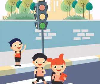 Traffic Banner Children Light Pole Icons Colored Cartoon