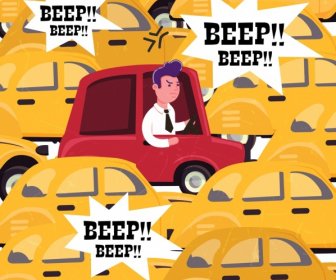 Verkehrsbanner überfüllte Autos Lärm Symbole Karikatur Skizze
