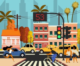 Traffic Painting Cars Pedestrian Icons Cartoon Design