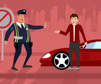 交通警察の仕事図面の男性アイコン色漫画