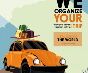 Travel Advertising Poster Car Luggage Sketch Classic Design