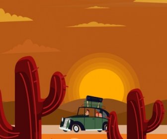 旅遊背景汽車仙人掌太陽圖標彩色卡通