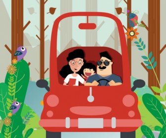 Perjalanan Latar Belakang Keluarga Mobil Merah Pemandangan Alam Ikon