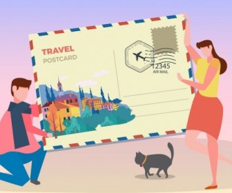 Travel Background Huge Postcard People Icons Decor