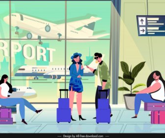 путешествия фон туристов аэропорт зал эскиз мультфильм дизайн