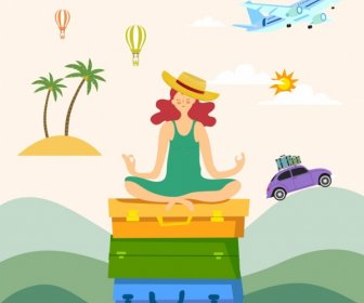 Travel Background Yoga Woman Luggage Airplane Car Icons