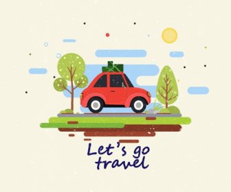 Travel Banner Car Luggage Icons Flat Multicolored Drawing