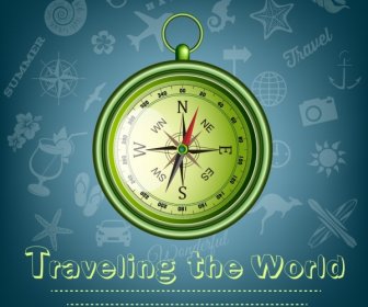 Travel Banner Compass Icon Shiny Green Design