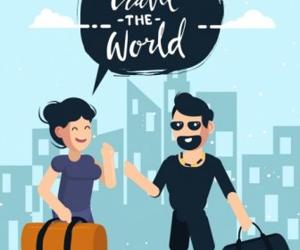 Seyahat Afiş Çift Bagaj Simgeler Çizgi Film Karakterleri