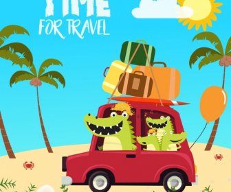 Travel Banner Crocodile Icons Stylized Cartoon Design