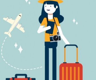 Seyahat Afiş Kadın Turist Bagaj Uçak Simgeleri