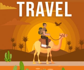 旅行のバナー ハイカー ラクダ砂漠スケッチ色クラシック