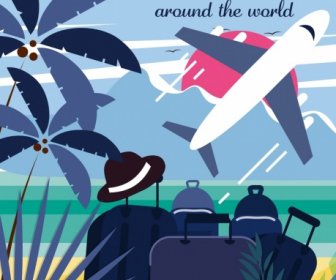 путешествия баннер багаж самолет морской пейзаж иконки классический дизайн