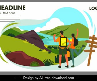 Travel Banner Nature Scenery Tourists Sketch Colorful Design