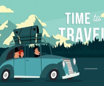 Travel Banner People Car Luggage Icons Cartoon Design