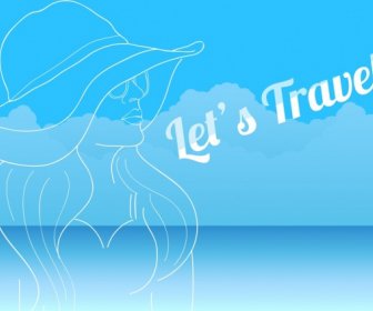 Travel Banner Woman Icon Handdrawn Sketch Blue Design