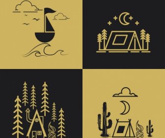 Travel Design Elements Boat Tent Icons Geometric Decor