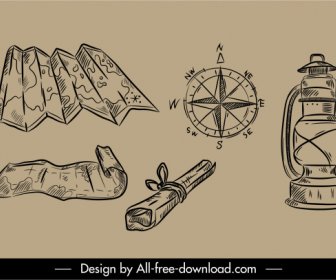 Travel Design Elements Retro Handdrawn Objects Sketch