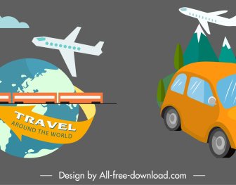 Travel Design Elements Vehicles Globe Landscape Sketch