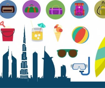 travel design elements with various symbols and styles