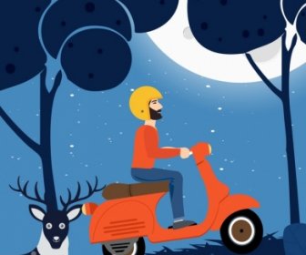 Travel Drawing Man Riding Scooter Moonlight Reindeer Icons