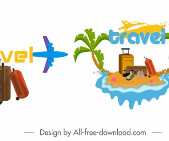 旅行アイコン飛行機荷物島スケッチカラフルなデザイン
