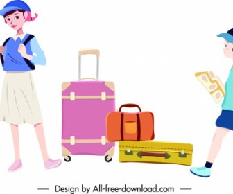 Travel Icons Children Suitcases Sketch Colored Design