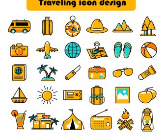 여행 아이콘 컬렉션 고전적인 다채로운 기호 스케치