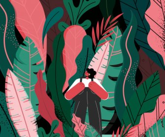 여행 그림 배낭 숲 잎 스케치 다채로운 고전